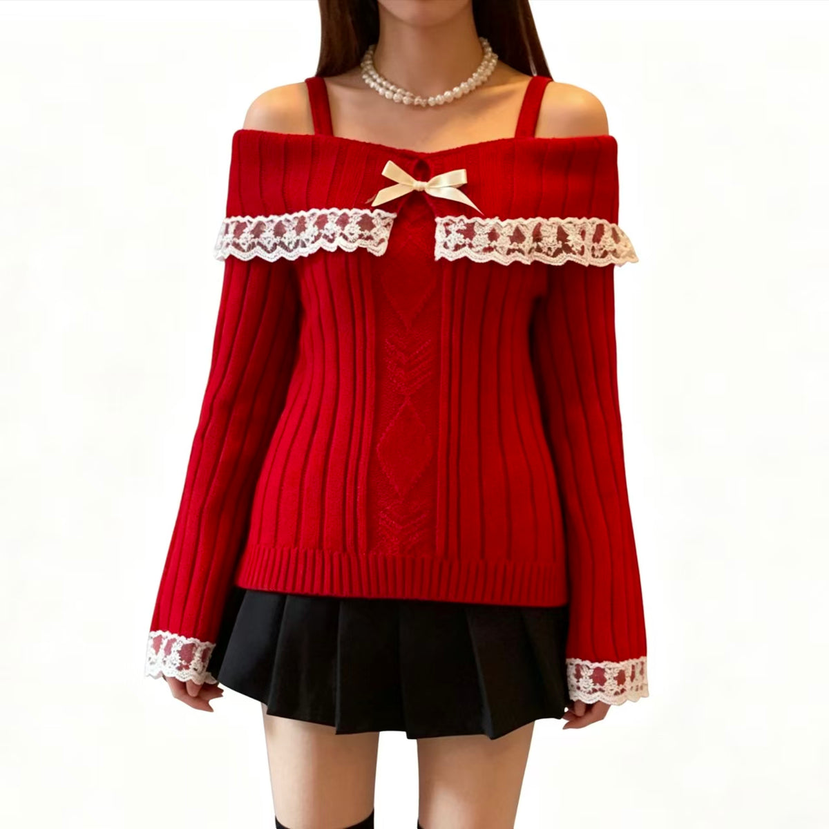 Women's Off Shoulder Lace Trim Knit Sweater Long Sleeve