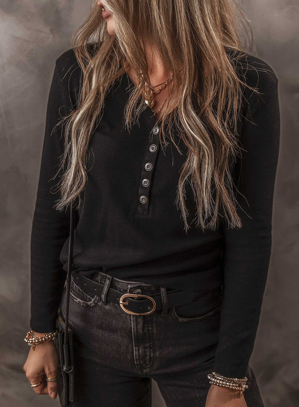 Black Ribbed Waffle Knit Henley Long Sleeve Top