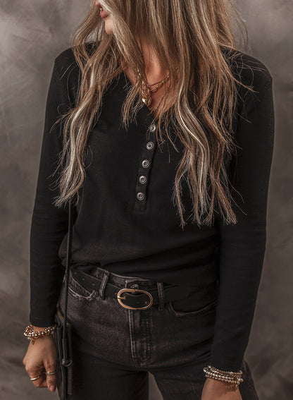Black Ribbed Waffle Knit Henley Long Sleeve Top