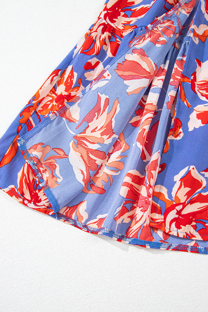 Blue Bohemian Floral Print Tiered Maxi Skirt with Split