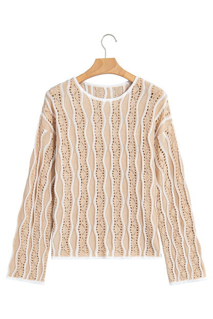 Women's Wavy Stripe Open Knit Pullover Sweater