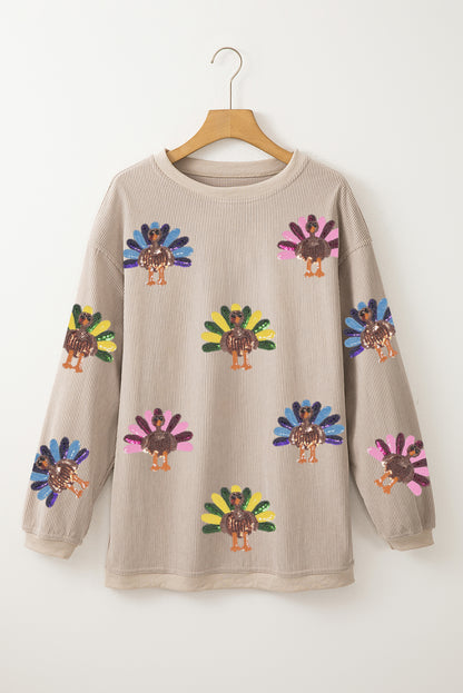 Sequined Turkey Corded Oversized Thanksgiving Sweatshirt
