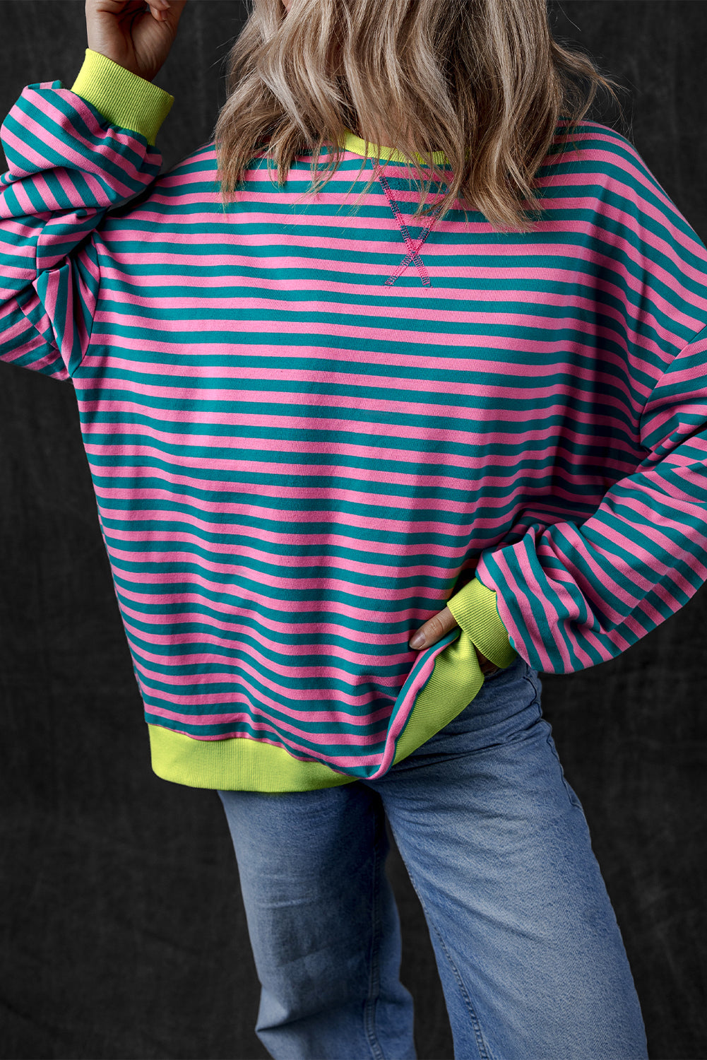 Sky Blue Stripe Oversized Contrast Trim Pullover Sweatshirt