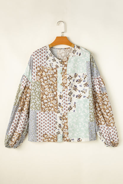Floral Patchwork Print Button Front Puff Sleeve Blouse