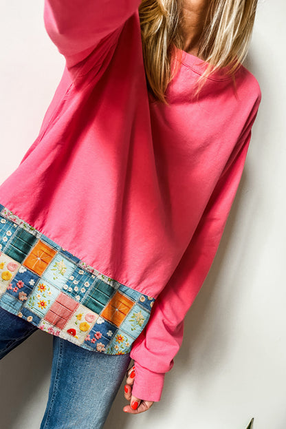 Bright Pink Patchwork Hemline Round Neck Casual Top