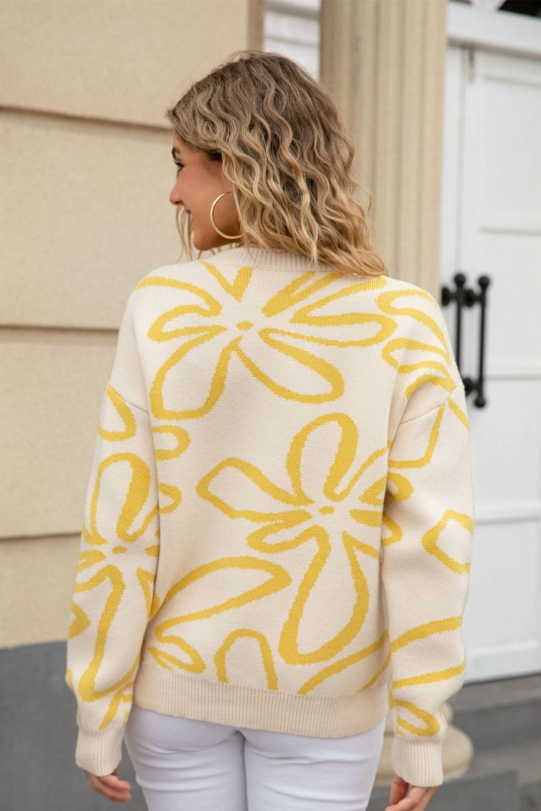 Bold Floral Crewneck Knit Sweater – Fall Street Style
