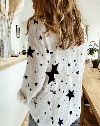Women's Star Print Long Sleeve Button Down Blouse