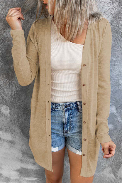 Beige Solid Color Open-Front Buttons Cardigan