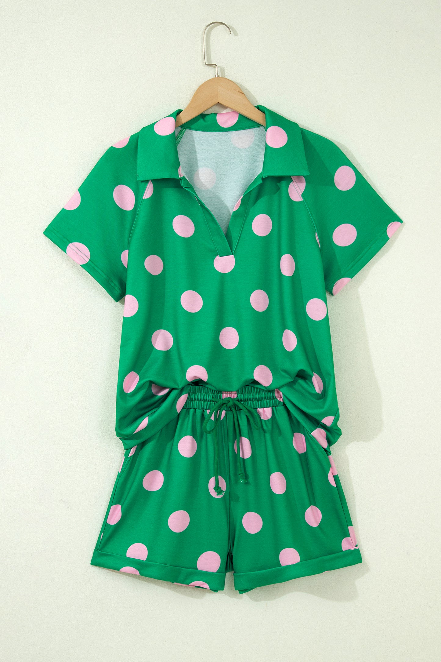 Green Polka Dot Lounge Set V Neck Tee and Shorts