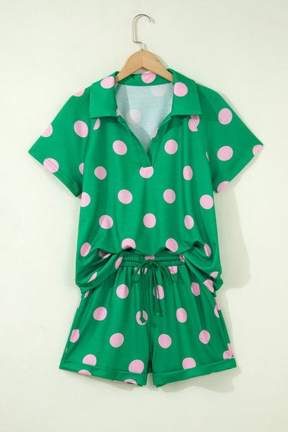 Green Polka Dot Lounge Set V Neck Tee and Shorts