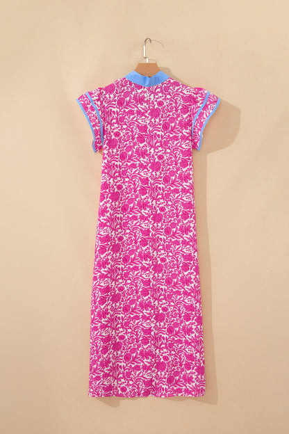 Floral Color Block V Neck Flutter Sleeve Midi Dress