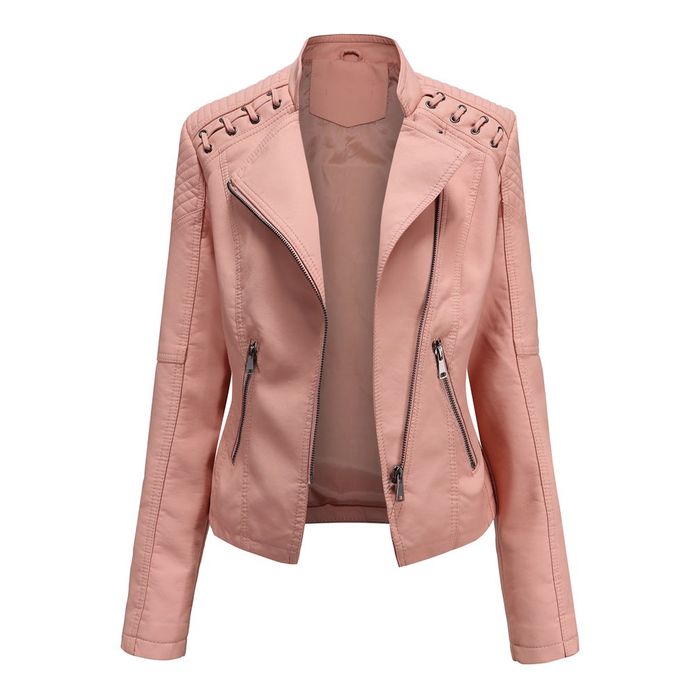 Womens Faux Leather Moto Jacket Slim Fit