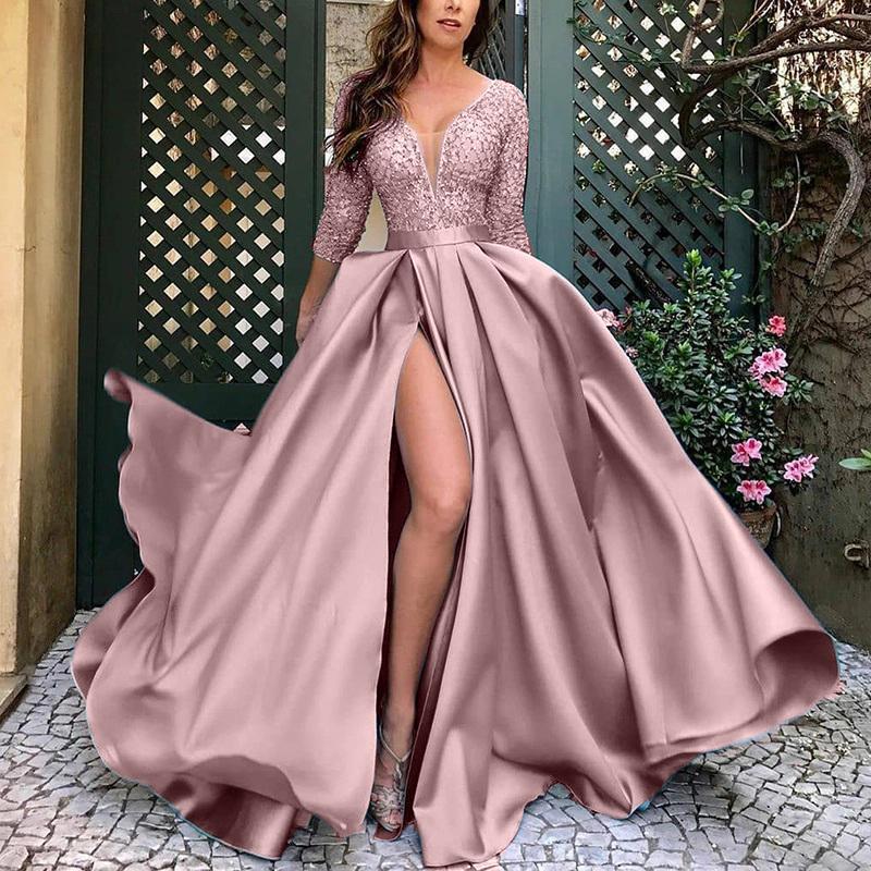 Deep V-Neck Lace Long Sleeve Satin Evening Gown with Slit