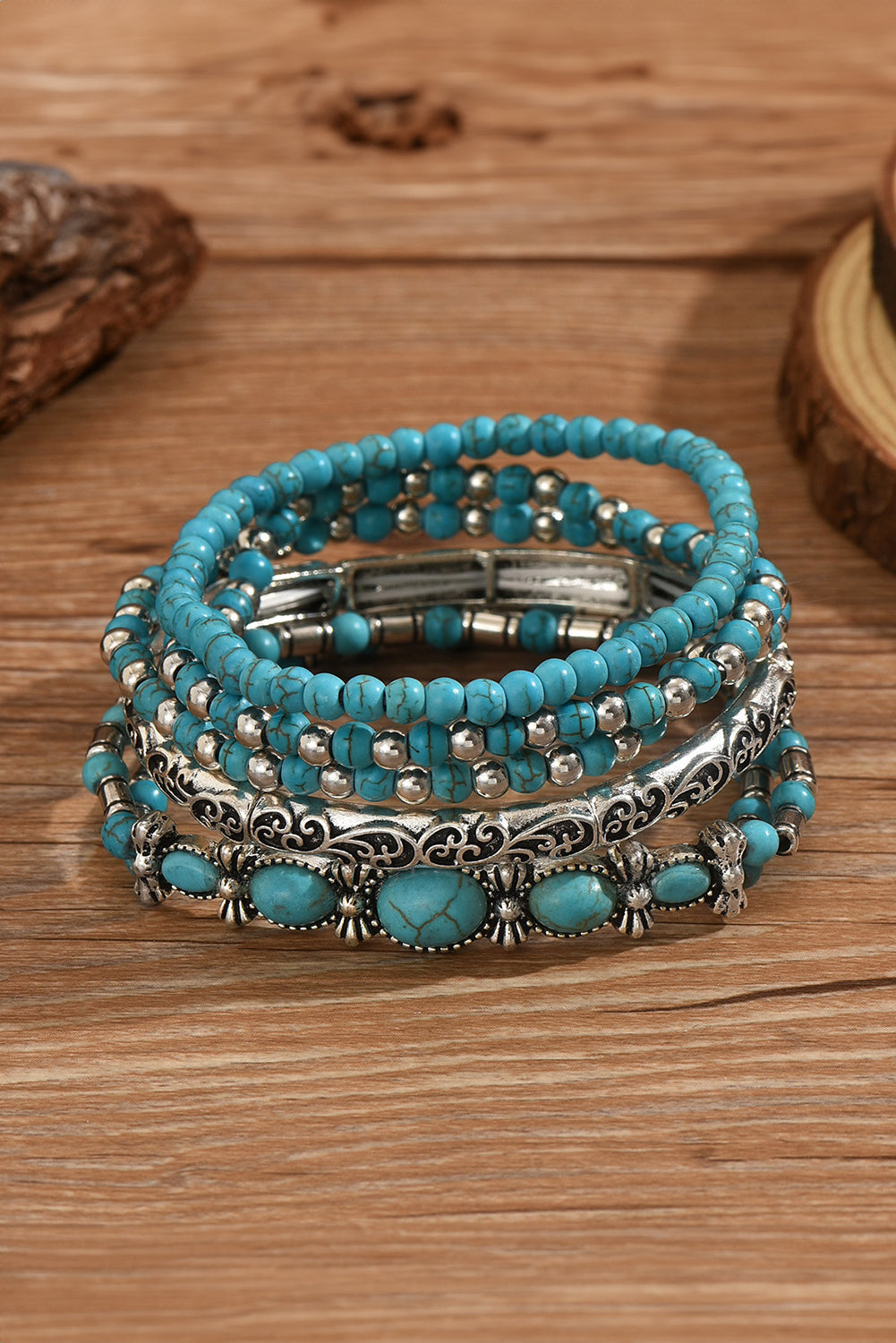 Western Turquoise Beaded Silver 5 Piece Layered Bracelet