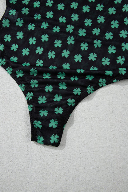 St. Patrick’s Day Shamrock Print Mesh Long Sleeve Bodysuit