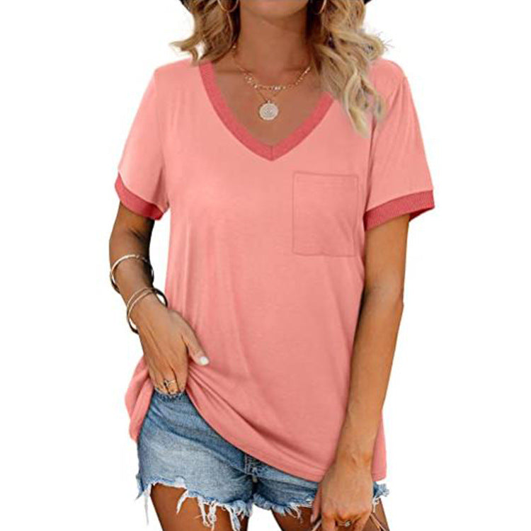 T Shirt Short Sleeve V Neck Loose Casual Top with Pocket Plus Size