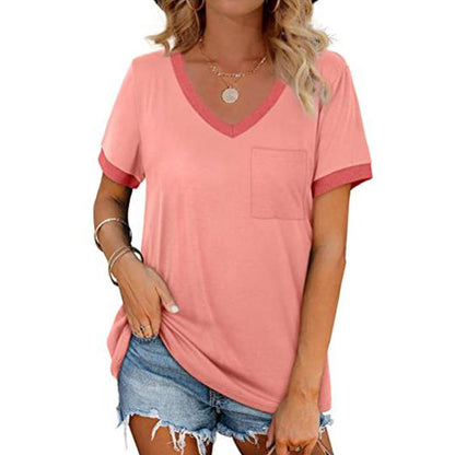 T Shirt Short Sleeve V Neck Loose Casual Top with Pocket Plus Size