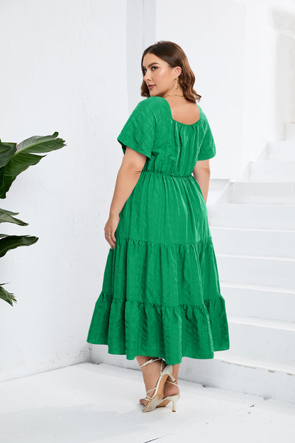 Ruffled Sleeve V Neck High Waist Tiered Smocked Plus Size Dresses