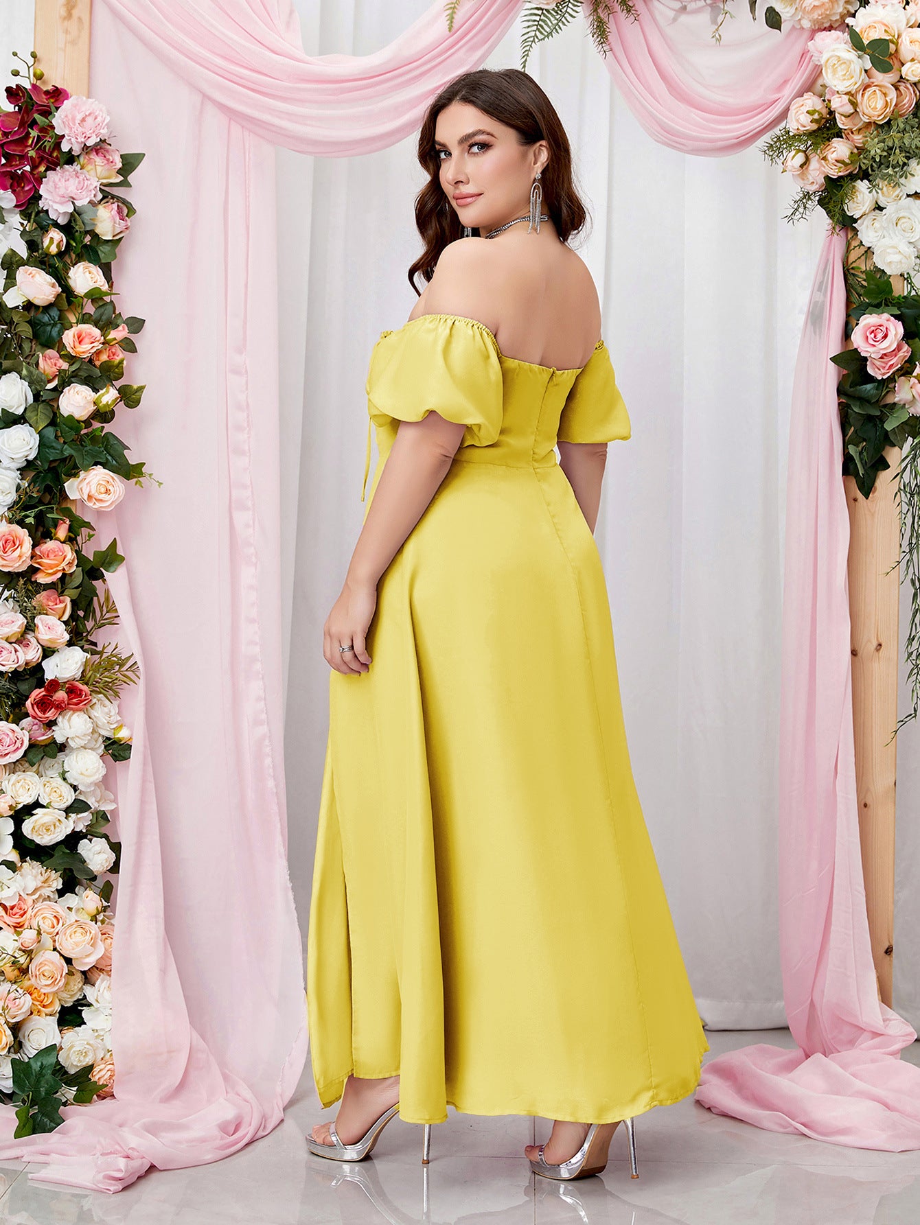 Woman Off Shoulder Half Sleeve High Waist Side Split Plus Size Dresses