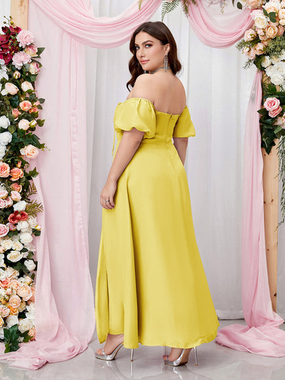 Woman Off Shoulder Half Sleeve High Waist Side Split Plus Size Dresses