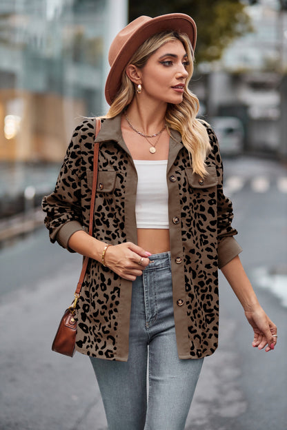Leopard Print Corduroy Button Down Oversized Shirt Jacket