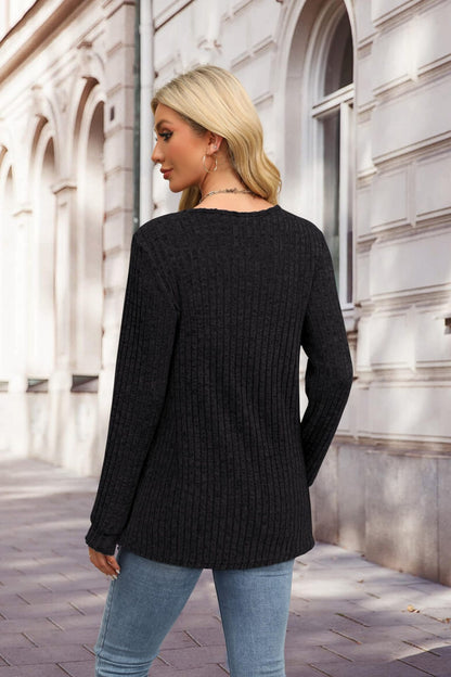 Ribbed V-Neck Button Knit Long Sleeve Pullover