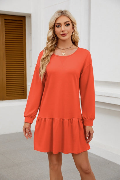 Long Sleeve Sweatshirt Dress - Casual Crewneck Pullover