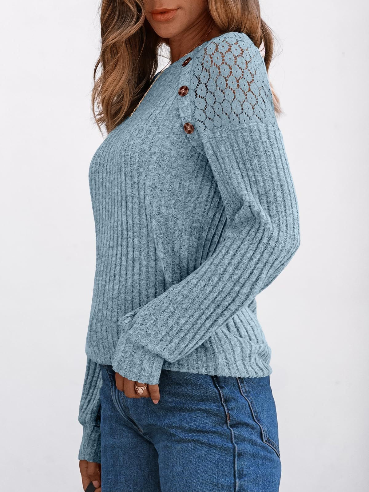 Solid Ribbed Knit Button Pullover with Lace & Buttons