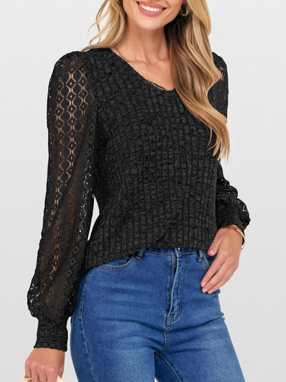 V-Neck Knit Top with Lace Puff Long Sleeves