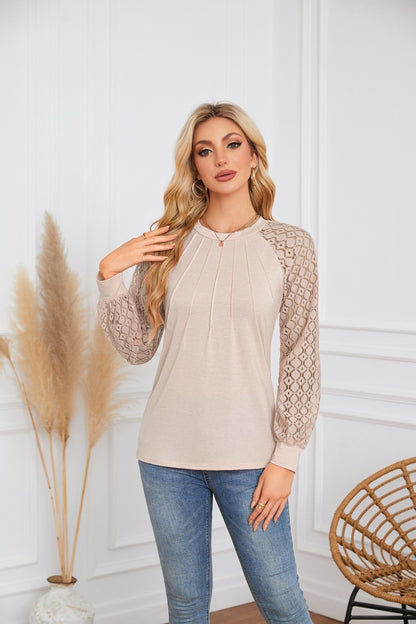 Lace Sleeve Pleated Blouse - Round Neck Long Sleeve Top