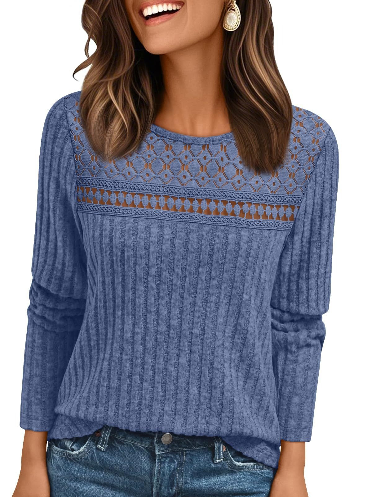 Ribbed Knit Pullover with Lace Panel Long Sleeves