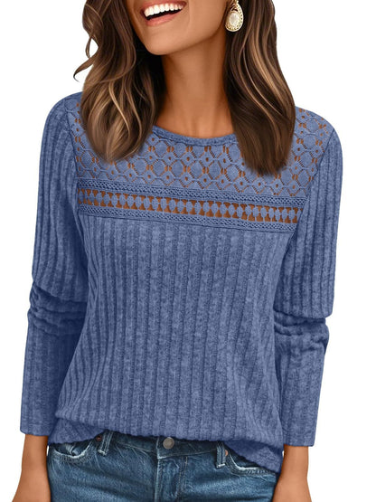 Ribbed Knit Pullover with Lace Panel Long Sleeves