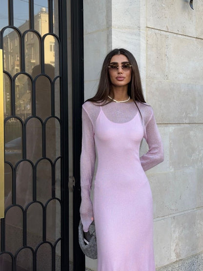 Sheer Knit Maxi Dress Set Long Sleeve Overlay with Slip