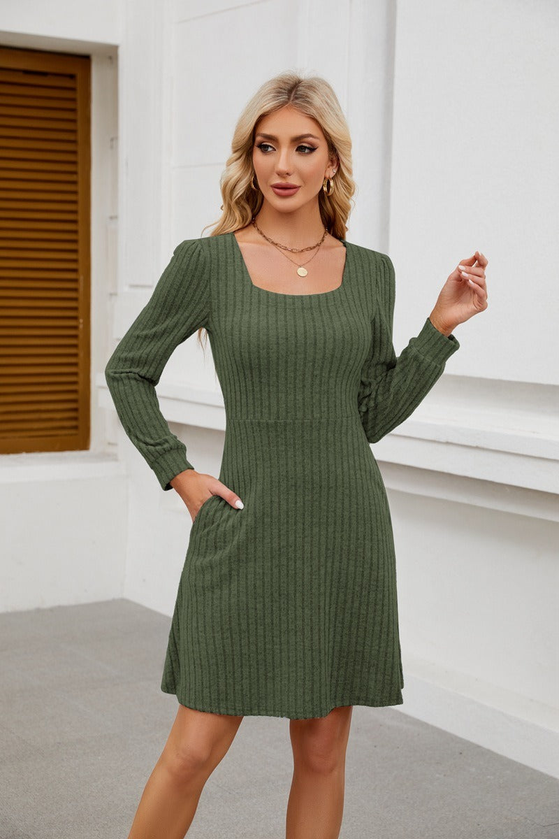 Square Neck Ribbed Knit Dress with Pockets