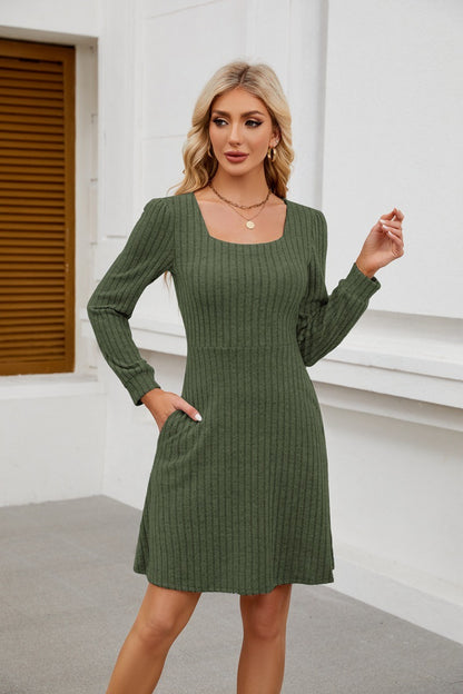 Square Neck Ribbed Knit Dress with Pockets