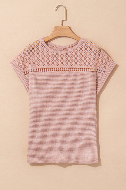 Mist Green Lace Patchwork Waffle Knit Summer Top