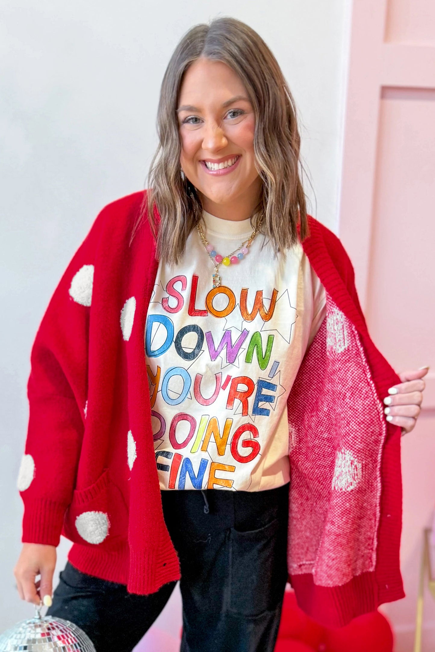 Polka Dot Oversized V Neck Knit Cardigan Sweater