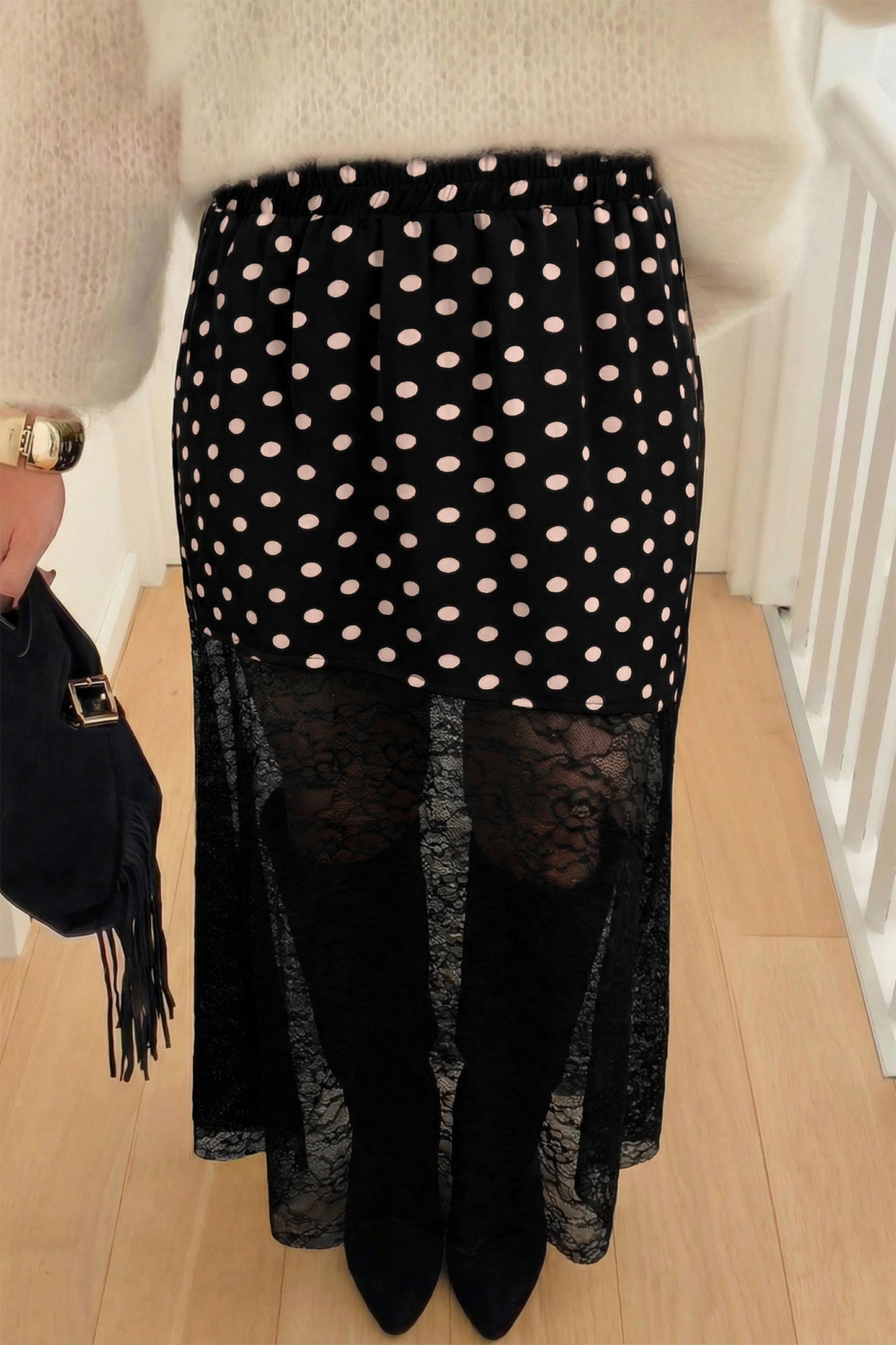 Black Polka Dot Lace Sheer Midi Maxi Skirt