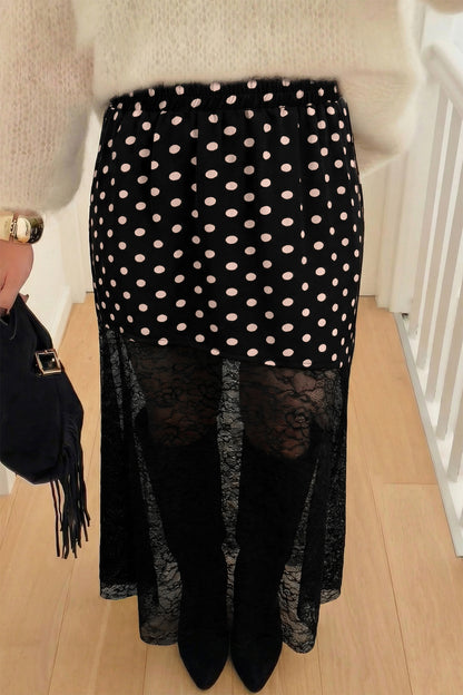 Black Polka Dot Lace Sheer Midi Maxi Skirt