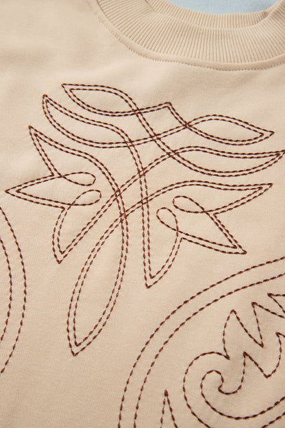 Light French Beige Western Embroidery Round Neck Pullover Long Sleeve Sweatshirt