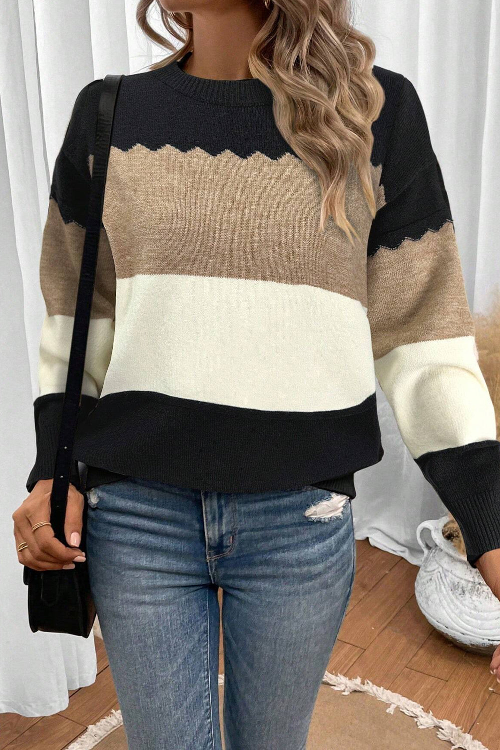 Black Beige Brown Colorblock Drop Shoulder Knit Sweater