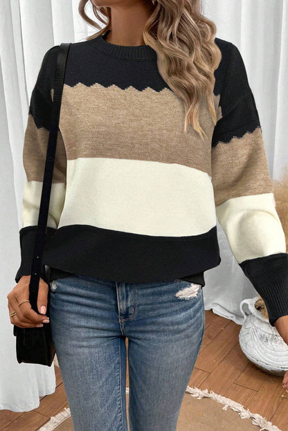 Black Beige Brown Colorblock Drop Shoulder Knit Sweater