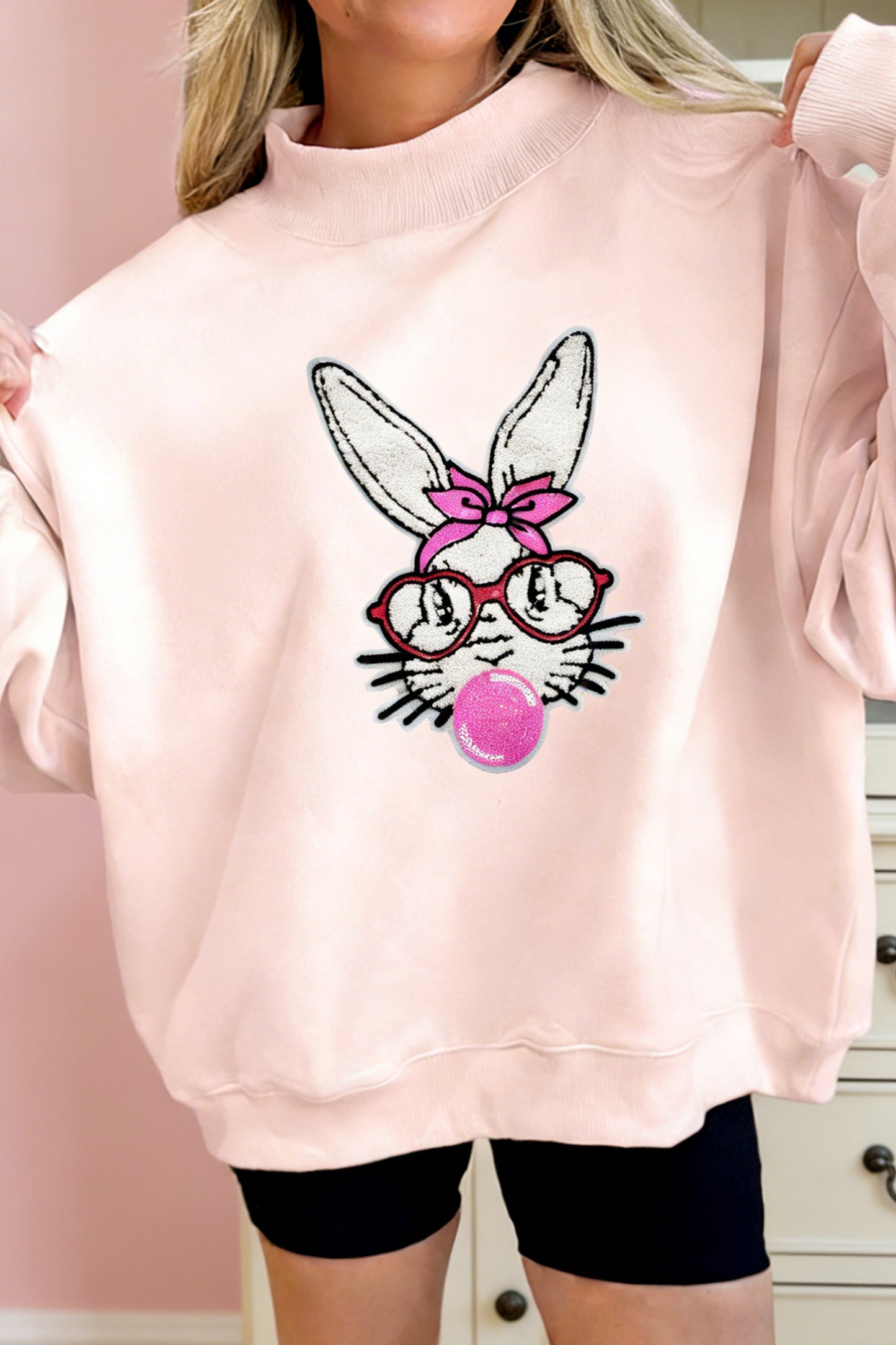 Pink Easter Bunny Chenille Patch Sweatshirt