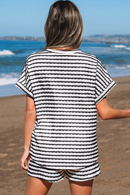 Pink Stripe Textured Knit Lounge Set Drawstring Shorts