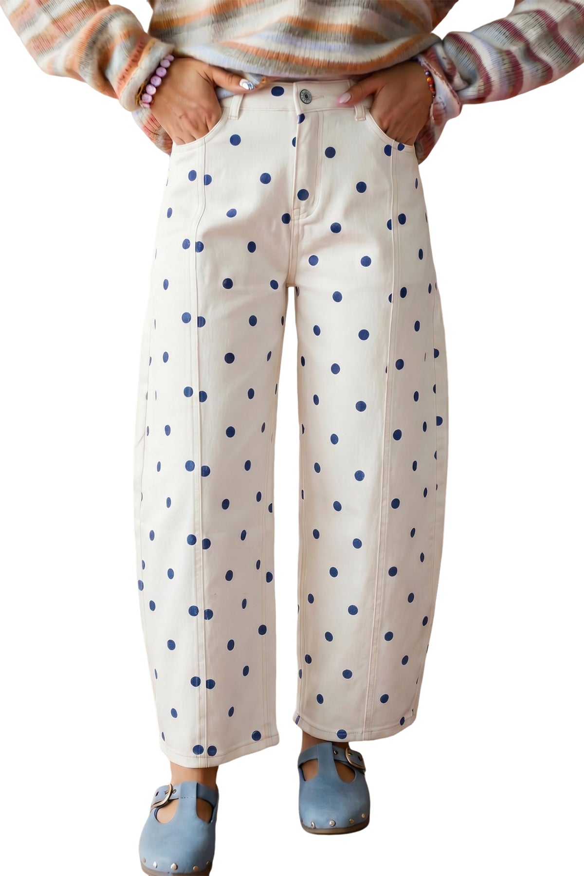Blue Polka Dot Barrel Jeans High Waist Wide Leg Pants