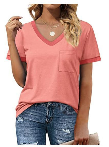 T Shirt Short Sleeve V Neck Loose Casual Top with Pocket Plus Size