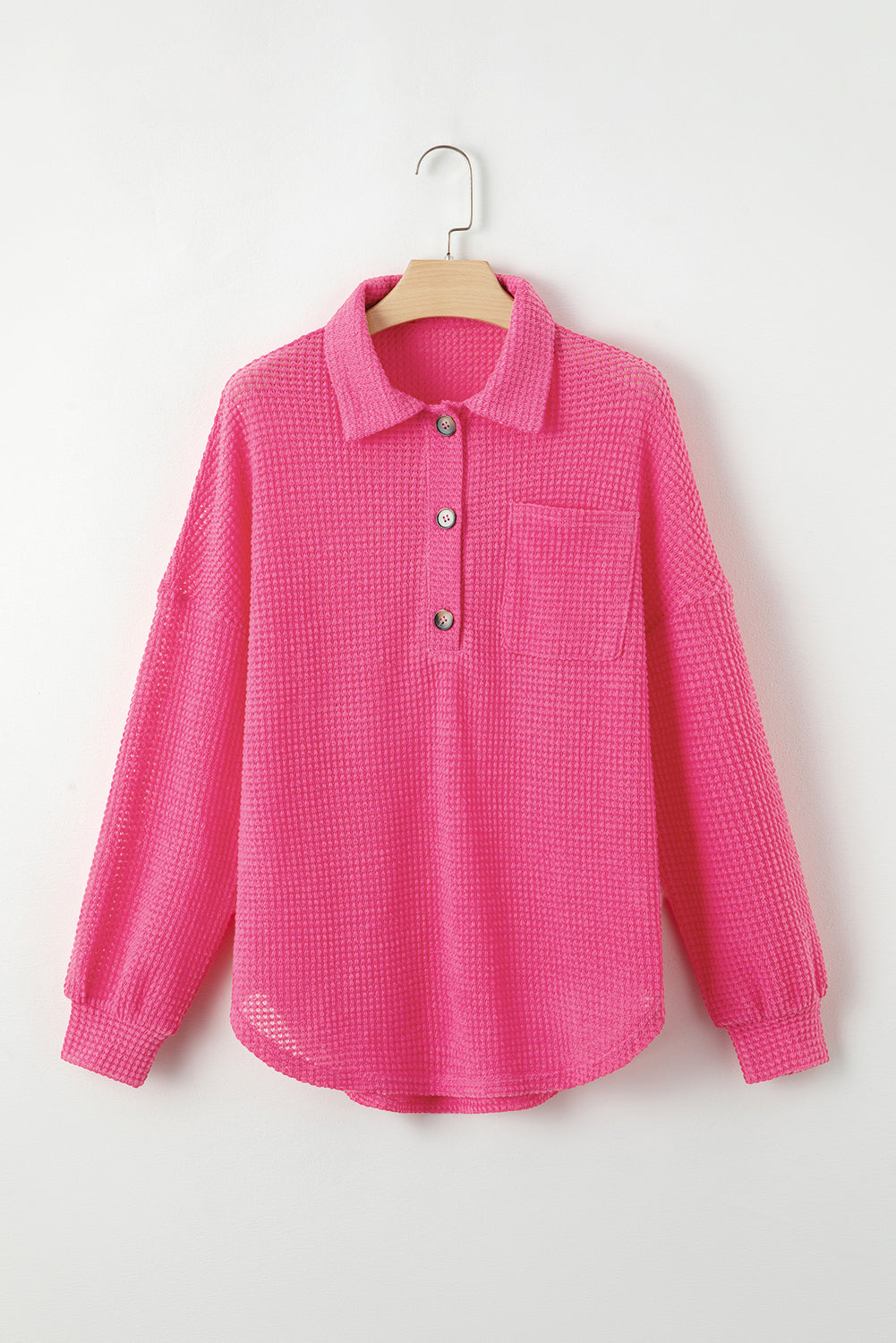 Pink Waffle Knit Button Front Collar Pullover Top