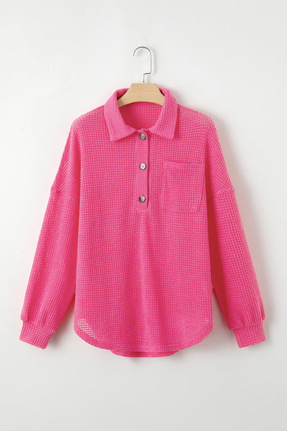 Pink Waffle Knit Button Front Collar Pullover Top