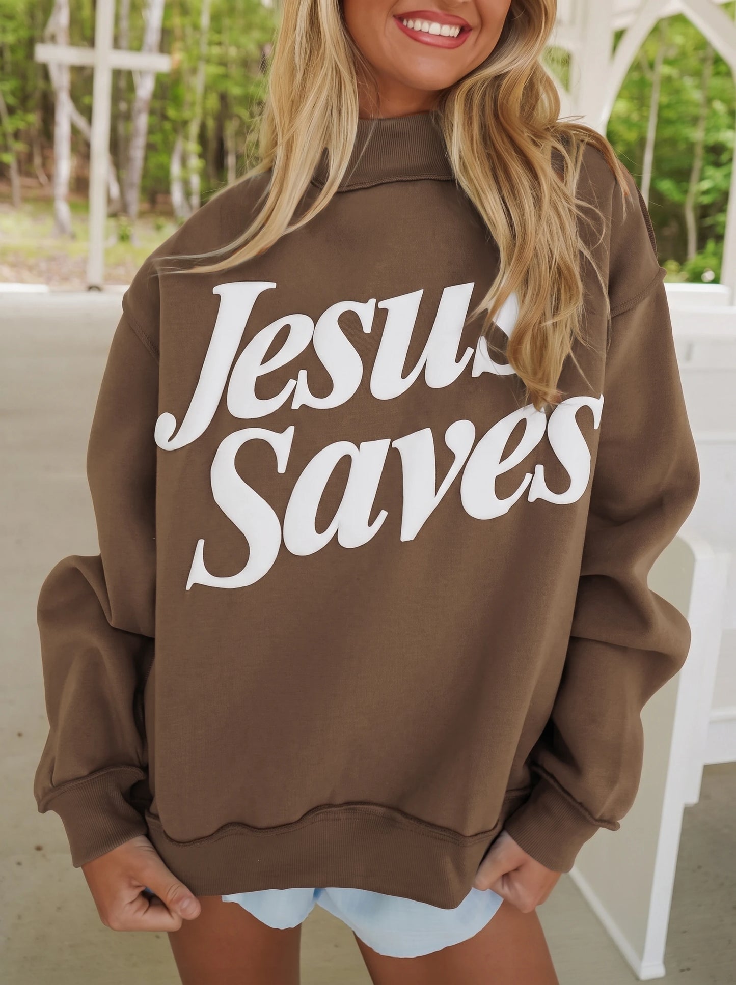 Jesus Saves Christian Mock Neck Oversized Sweatshirt