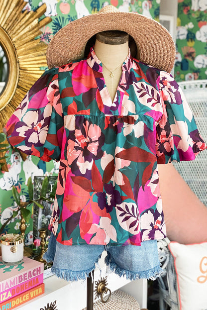 Floral Puff Sleeve V-Neck Blouse – Boho Summer Top